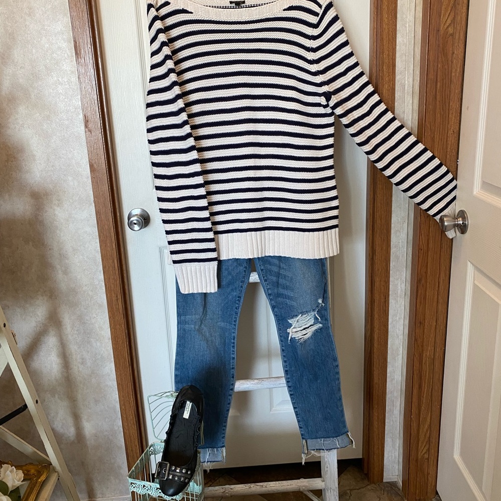 Talbots White and Navy Pullover Crew Neck Knit Sweater Size XL NWOT